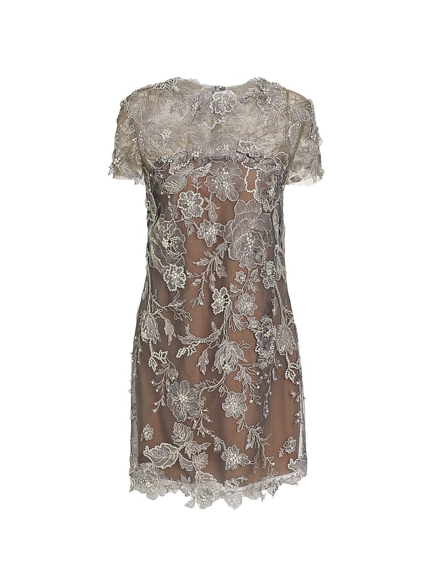 Women's Floral Embroidered Shift Dress - Silver - Size 10