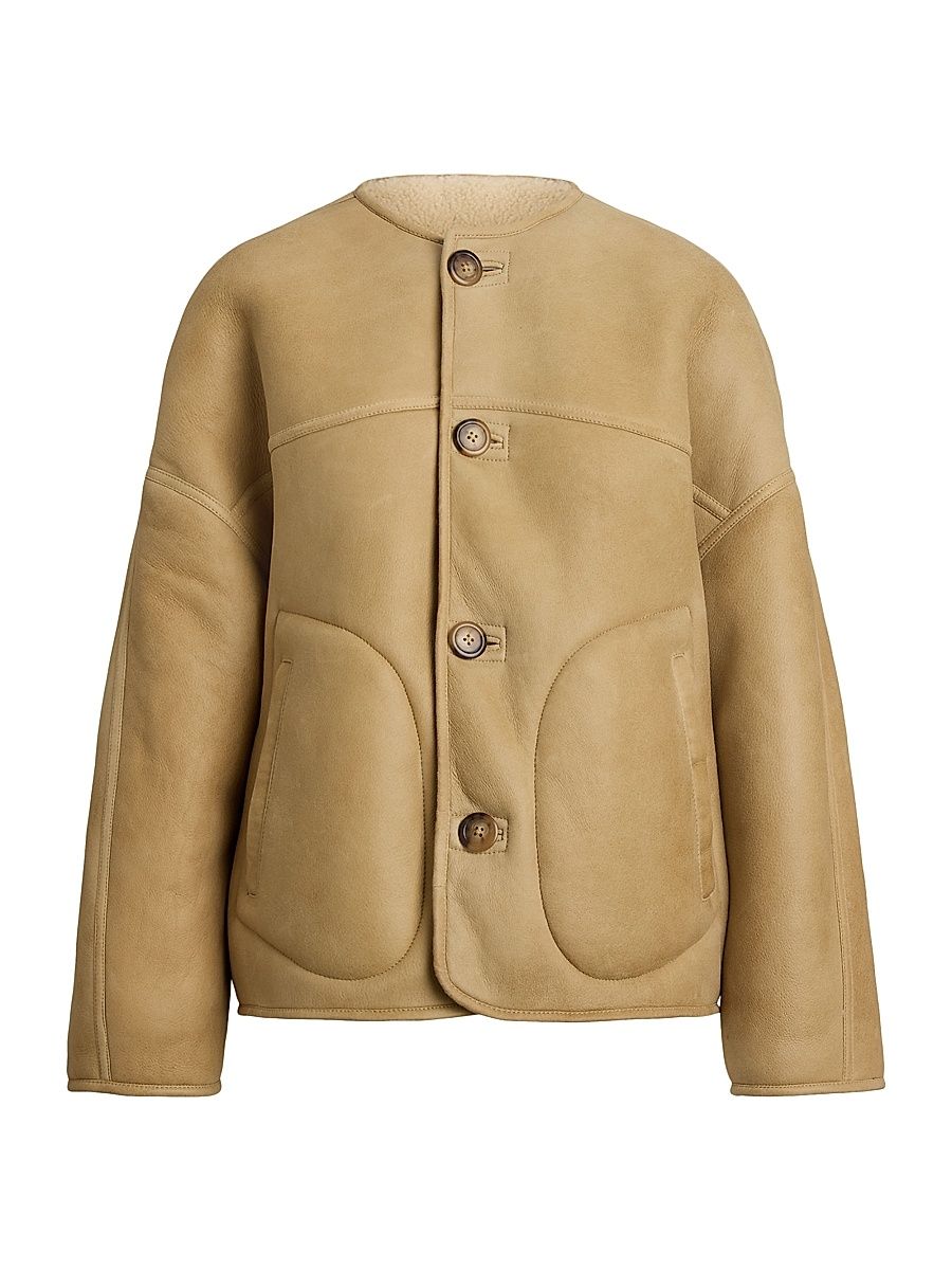 Women's Leather & Shearling Button-Front Jacket - Taupe Cream - Size XL