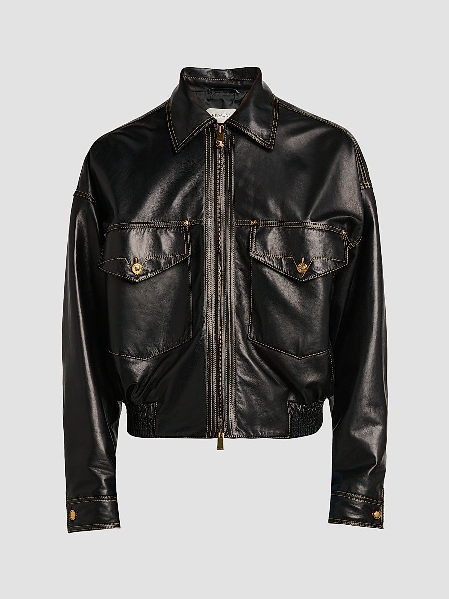 Men's Leather Bomber Jacket - Black - Size 44