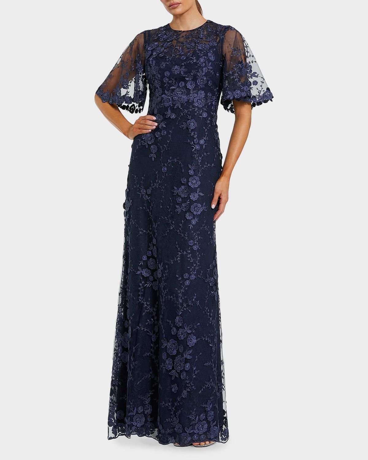 Embellished Lace Flutter-Sleeve Gown