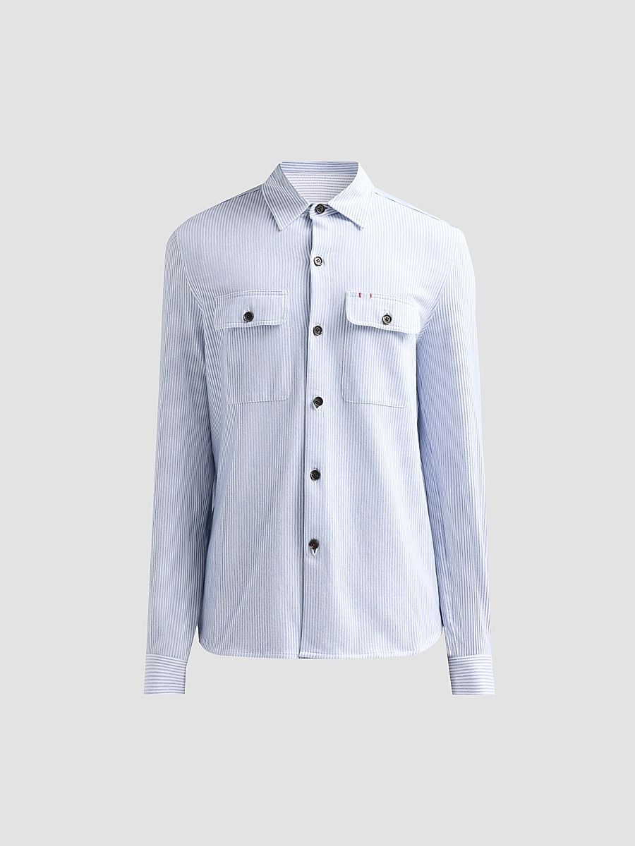 Men's Striped Seersucker Linen-Blend Overshirt - Open White Blue - Size XXL