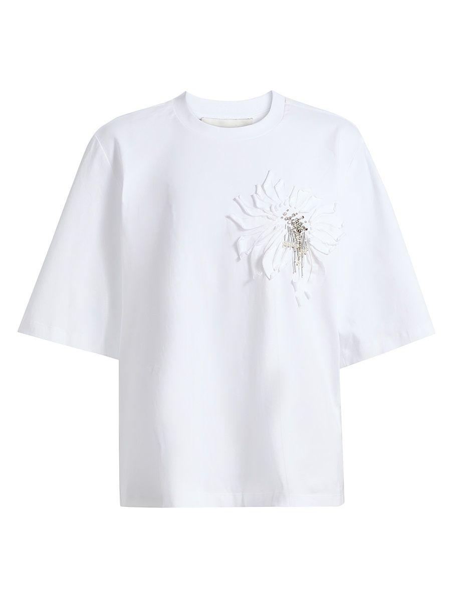 Women's Trapeze Floral Appliqué Cotton T-Shirt - White - Size XS