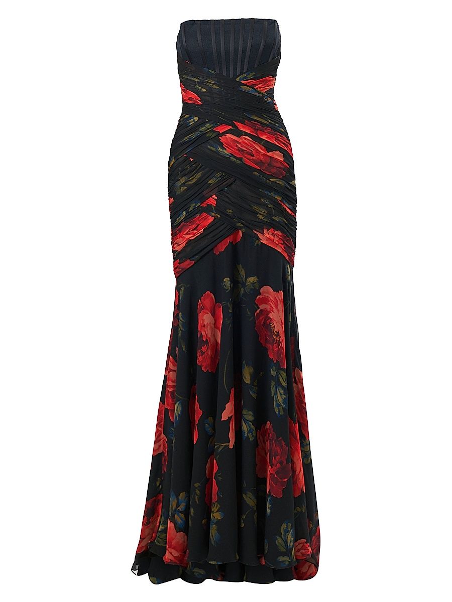 Women's Rose-Print Exposed Bustier Gown - Black Multi - Size 8