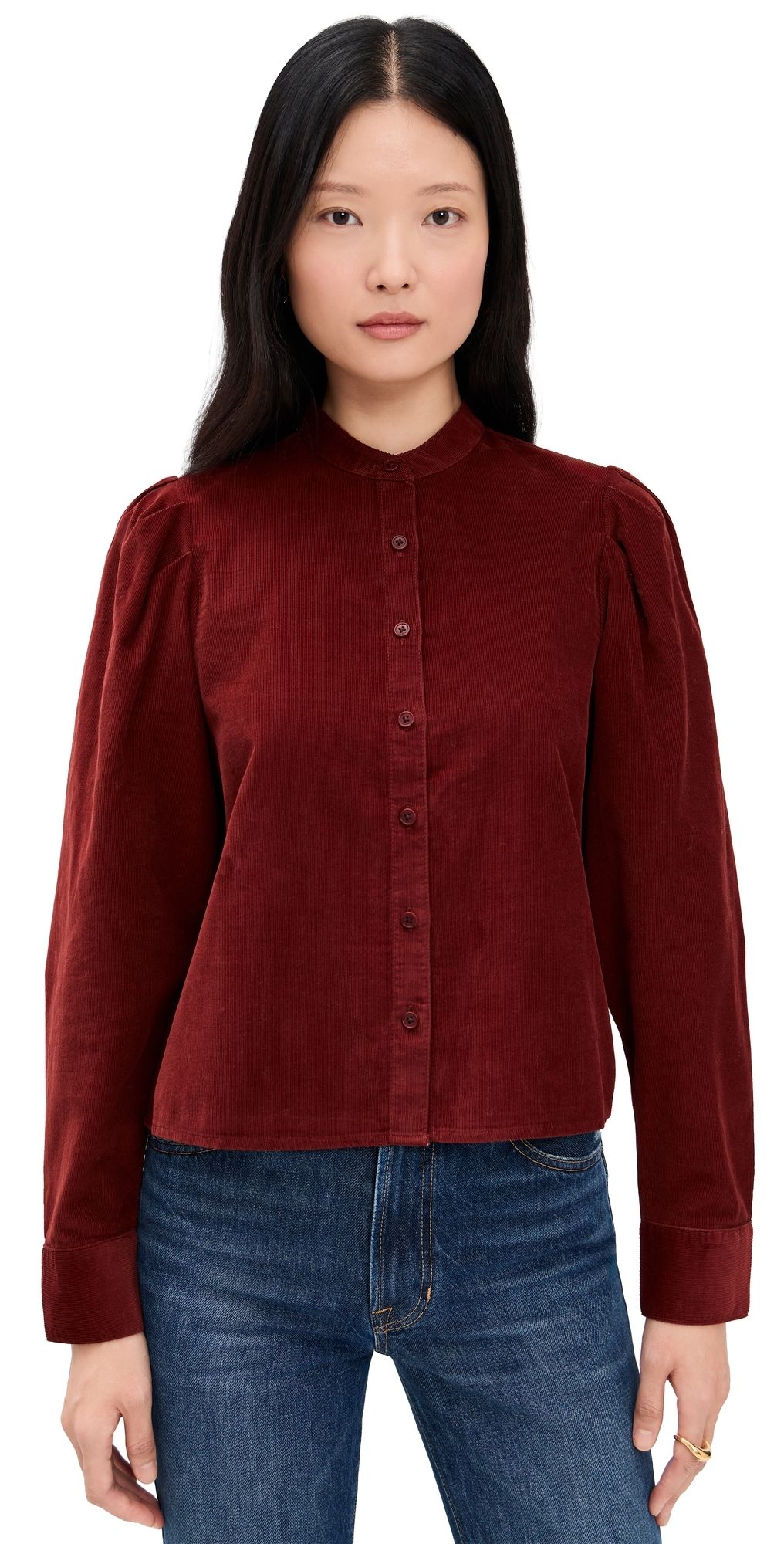 Madewell Puff-Sleeve Button-Up Shirt In Corduroy Deep Redwood L