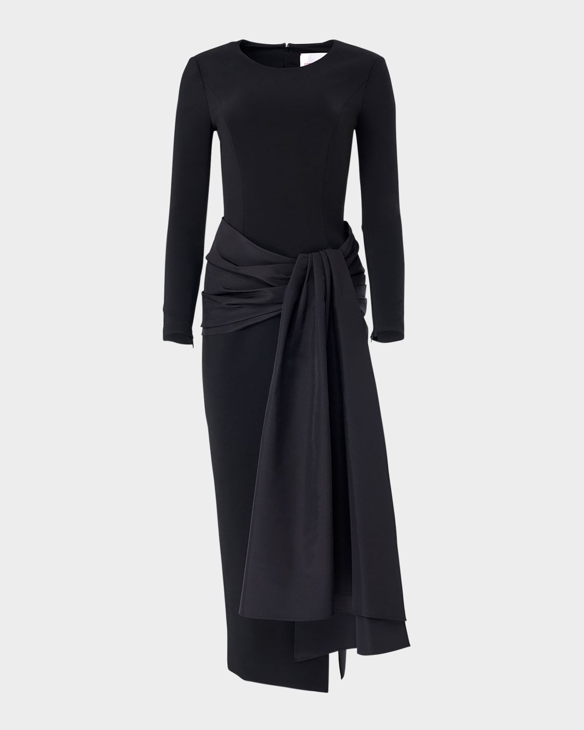 Long-Sleeve Waist Sash Slit Midi Dress