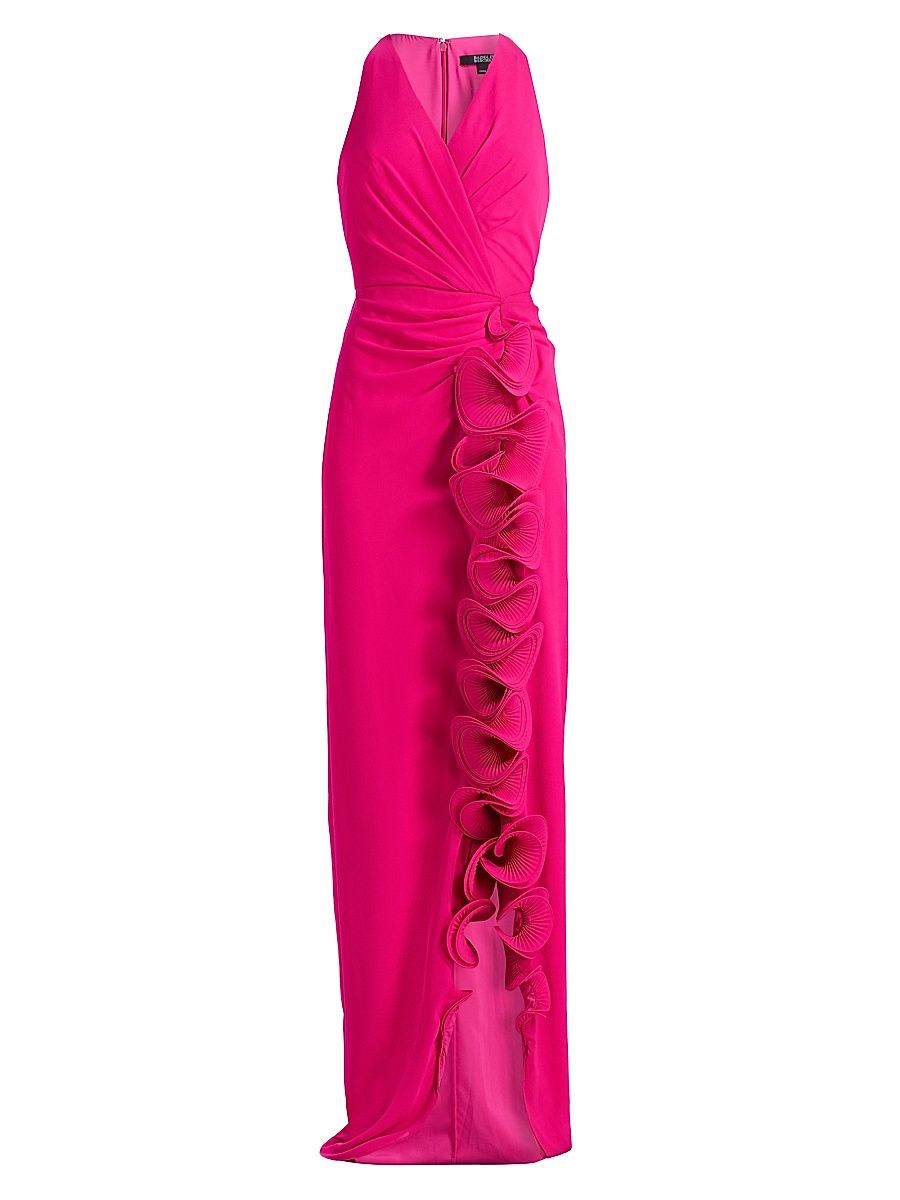 Women's Ruffle-Front Surplice Neck Gown - Magenta - Size 16