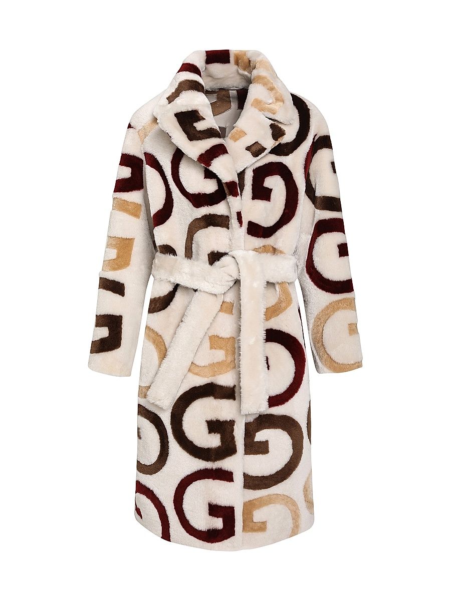 Women's Reversible Merino Shearling Lamb G Intarsia Short Coat, Belt - Cream Multi - Size XL