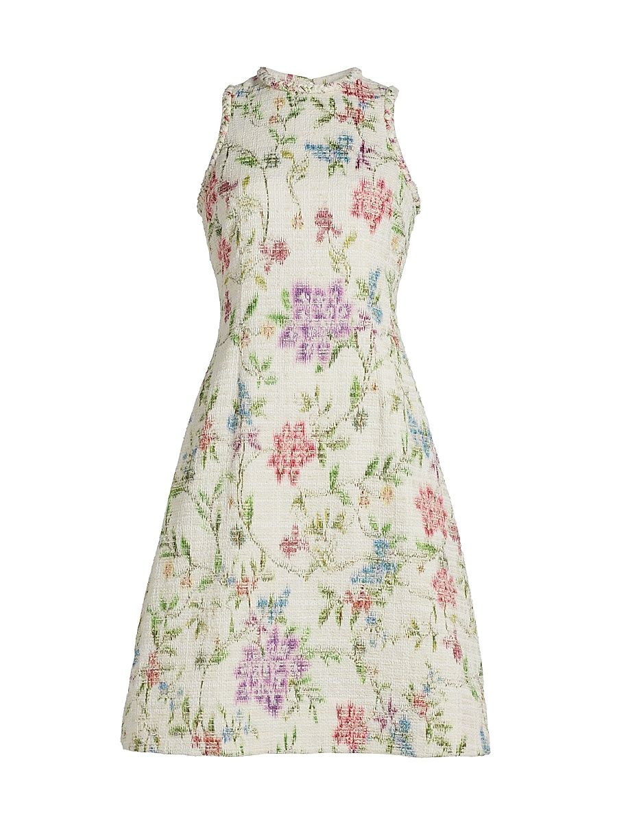 Women's Floral Tweed Dress - Ivory Multi - Size 14