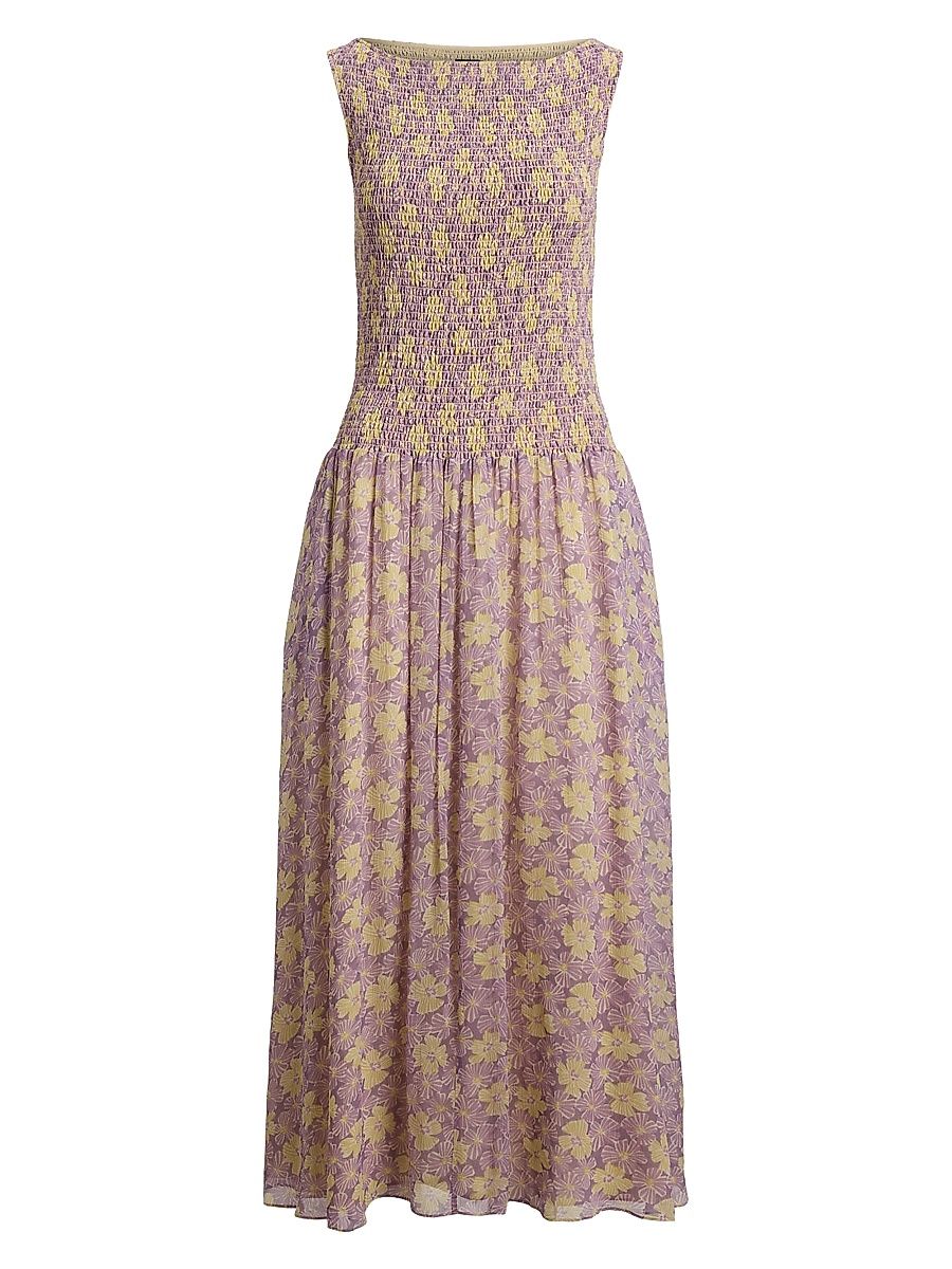 Women's Katie Floral Smocked Midi-Dress - Soft Bloom Purple Yellow - Size XXL
