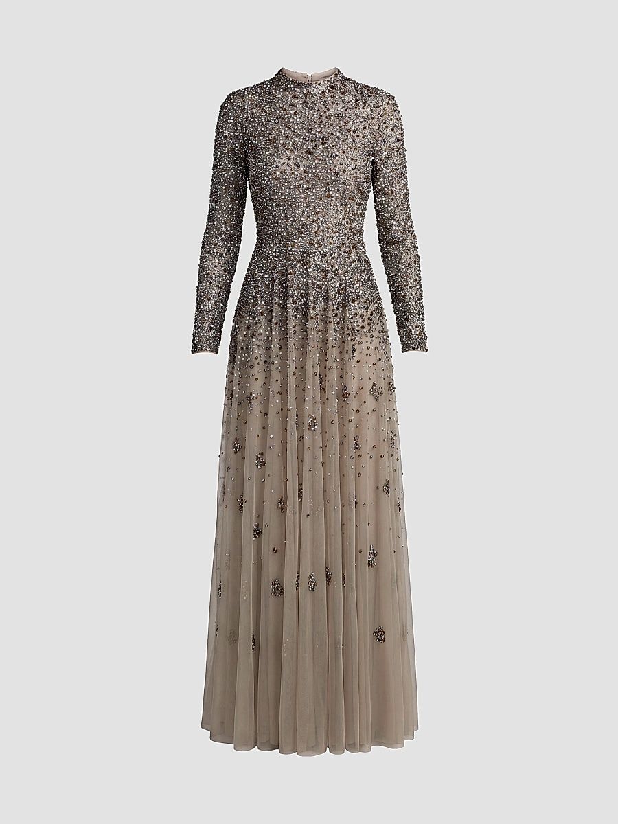 Women's Beaded Mesh Mock Turtleneck Gown - Taupe - Size 12