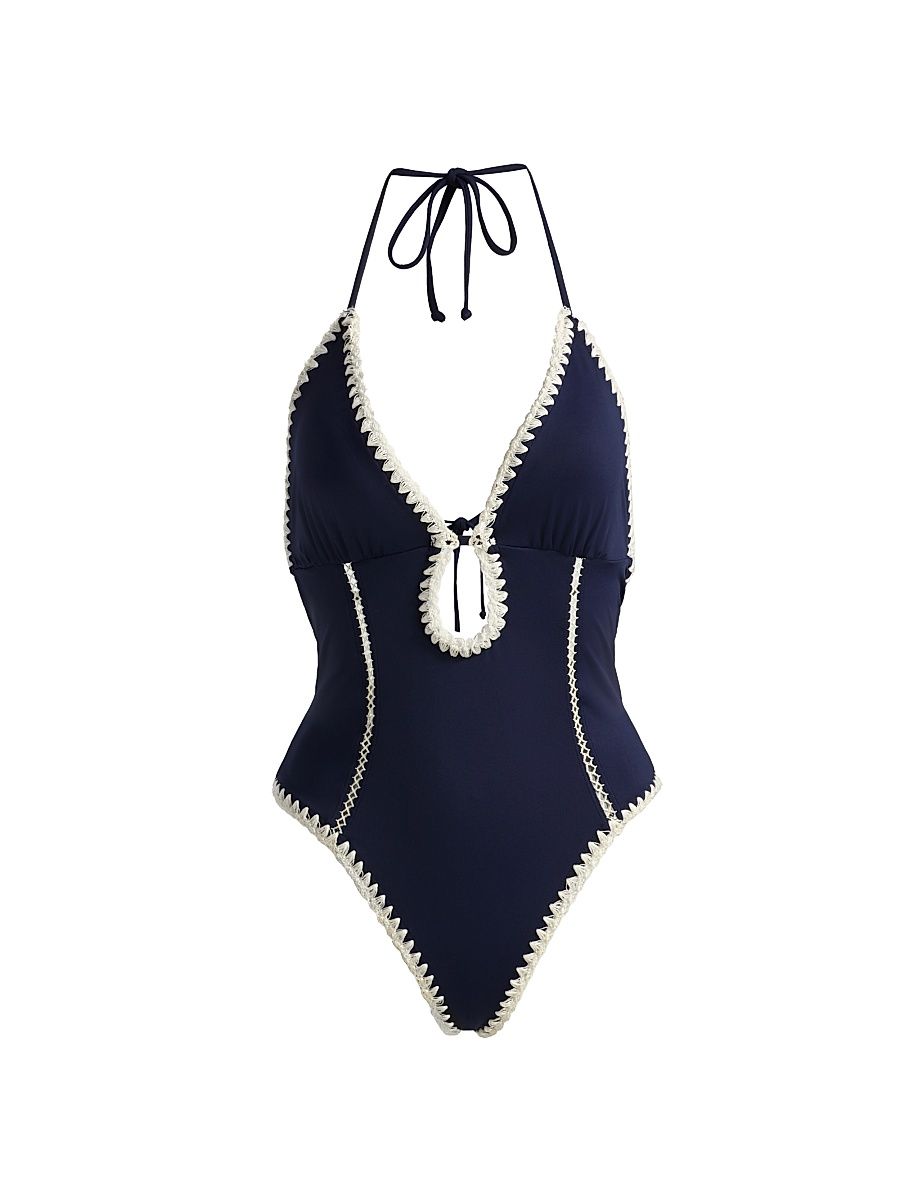 Women's Cut-Out Crochet-Trim One-Piece Swimsuit - Navy - Size Large
