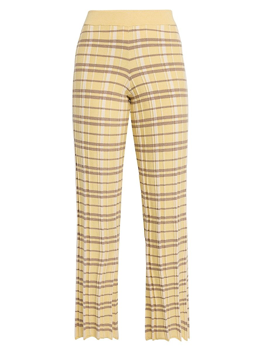 Women's Plaid Knitted Flare Pants - Yellow Pattern - Size Medium
