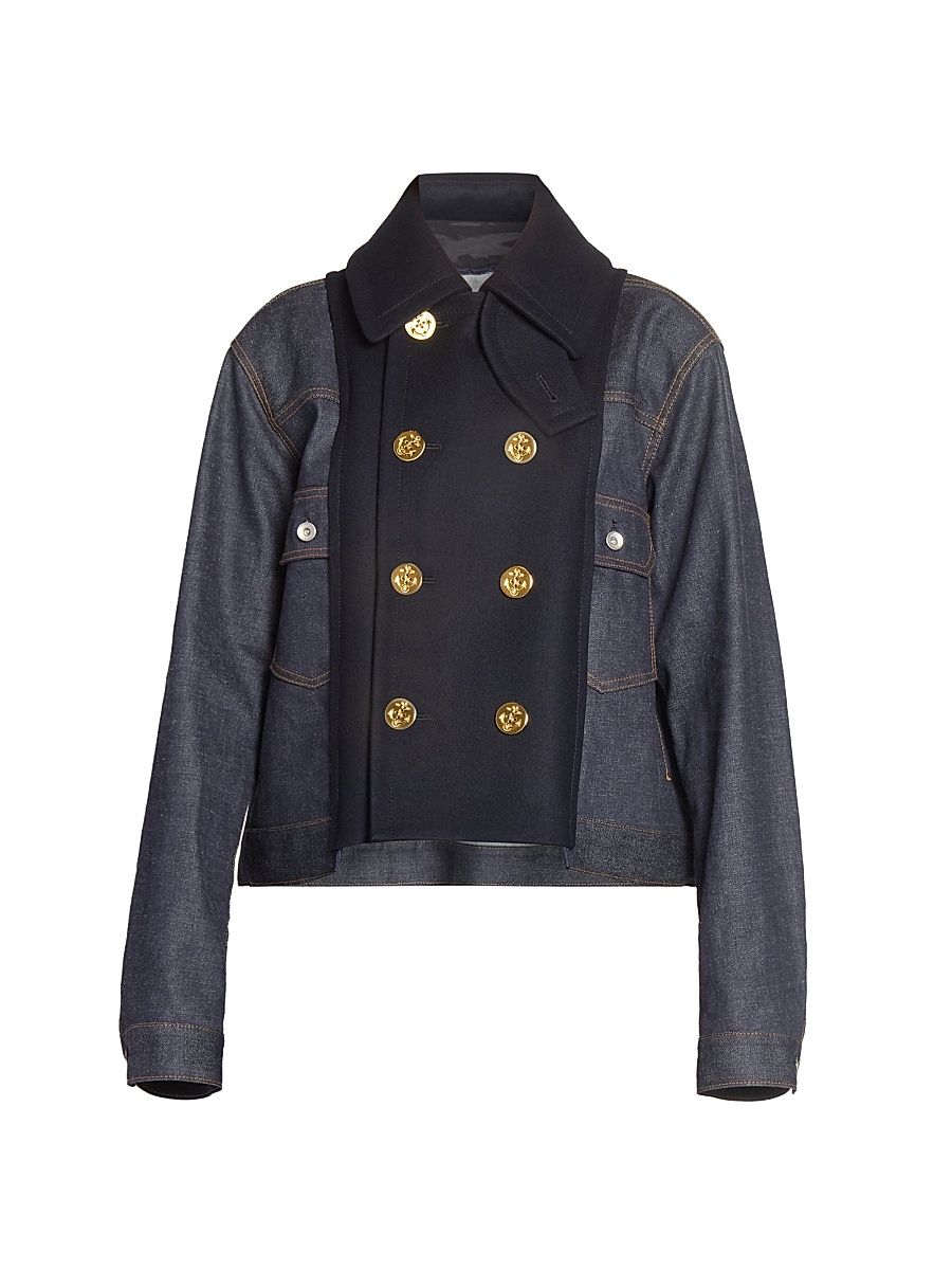 Women's Mixed-Media Double-Breasted Denim Jacket - Indigo Navy - Size XL