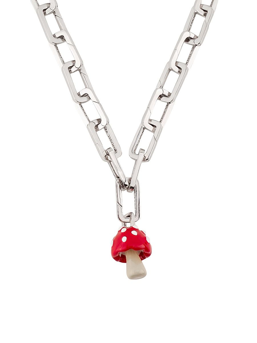Men's Sterling Silver & Enamel Mushroom Pendant Necklace - Red Cream White