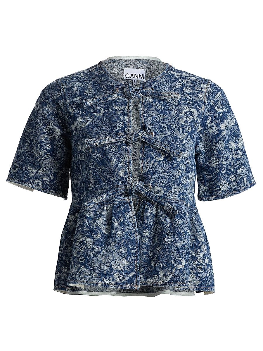 Women's Tapestry Denim Peplum Blouse - Mid Blue Stone - Size 14