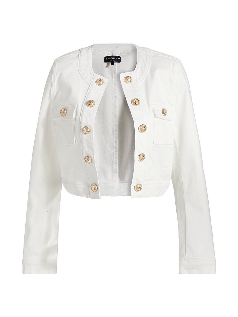 Women's Valentina Stretch Denim Collarless Crop Jacket - White - Size XL