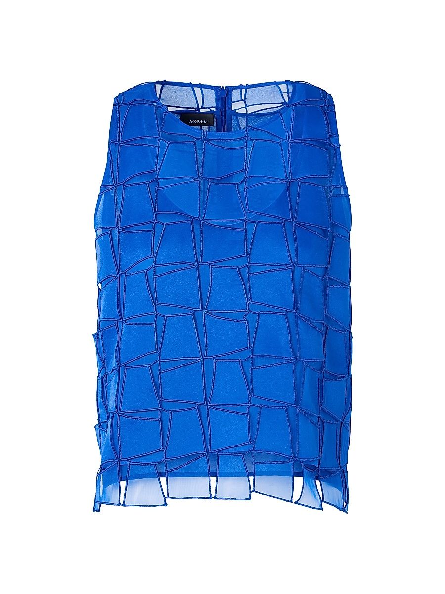 Women's Organza Silk Trapazoid-Embroidered Blouse - Lapis Blue - Size 2