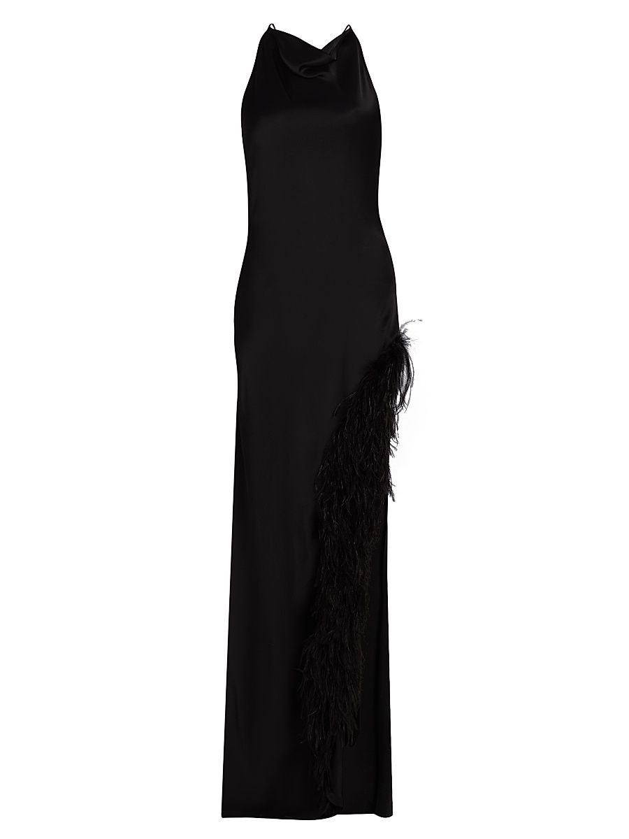 Women's Feather Trim Satin Column Gown - Black - Size 14