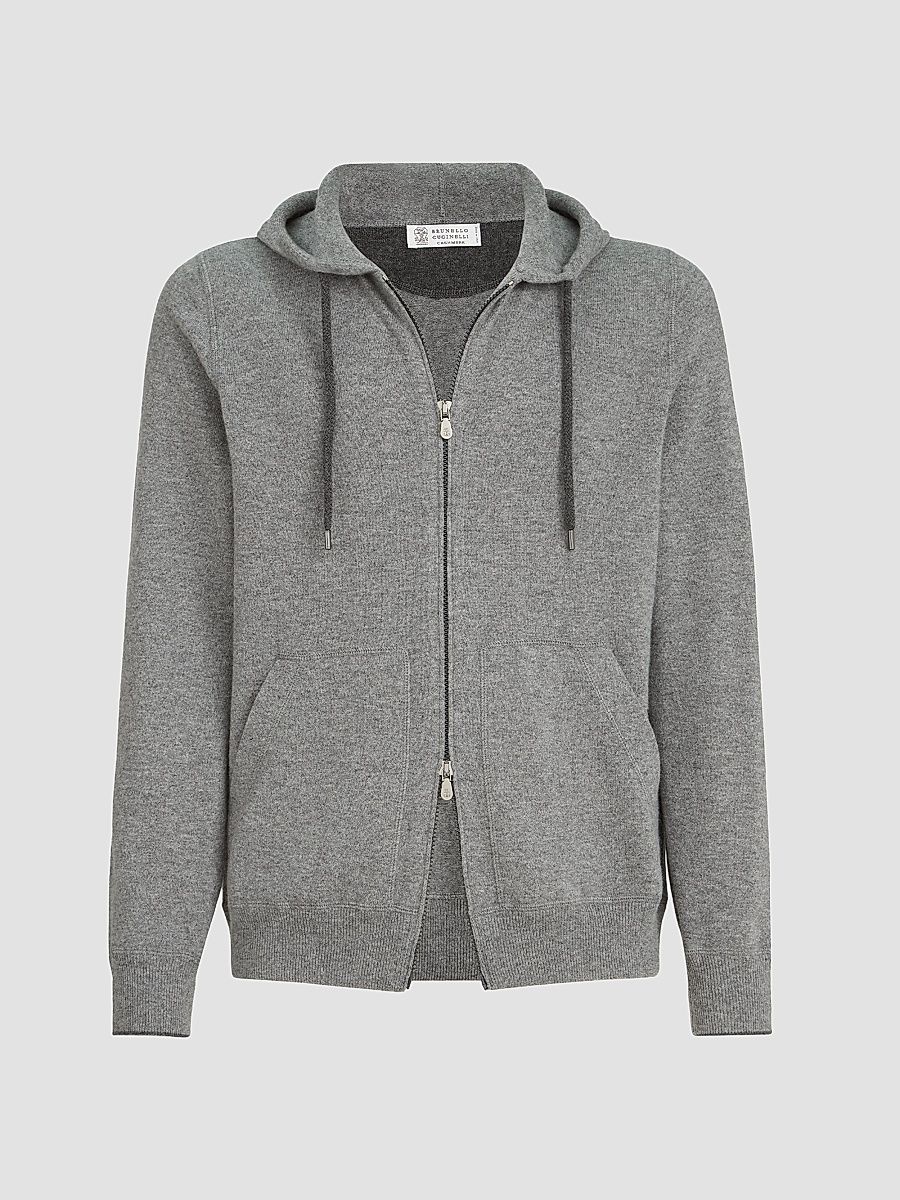 Men's Cashmere Sweatshirt-Style Cardigan with Hood - Dark Grey - Size 48