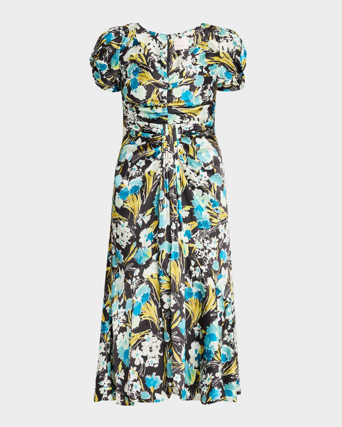 Walker Floral Puff-Sleeve Midi Dress