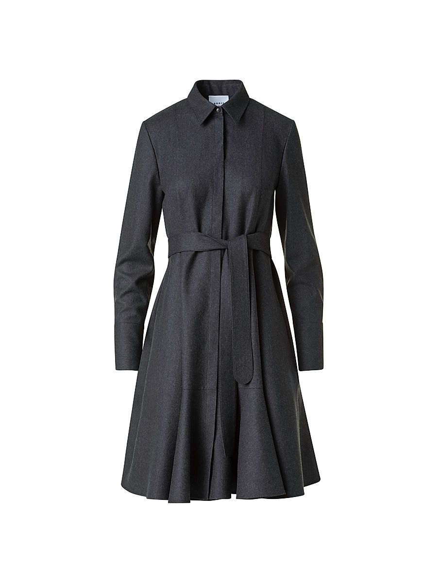 Women's Virgin Wool Belted Knee-Length Shirtdress - Charcoal - Size 14
