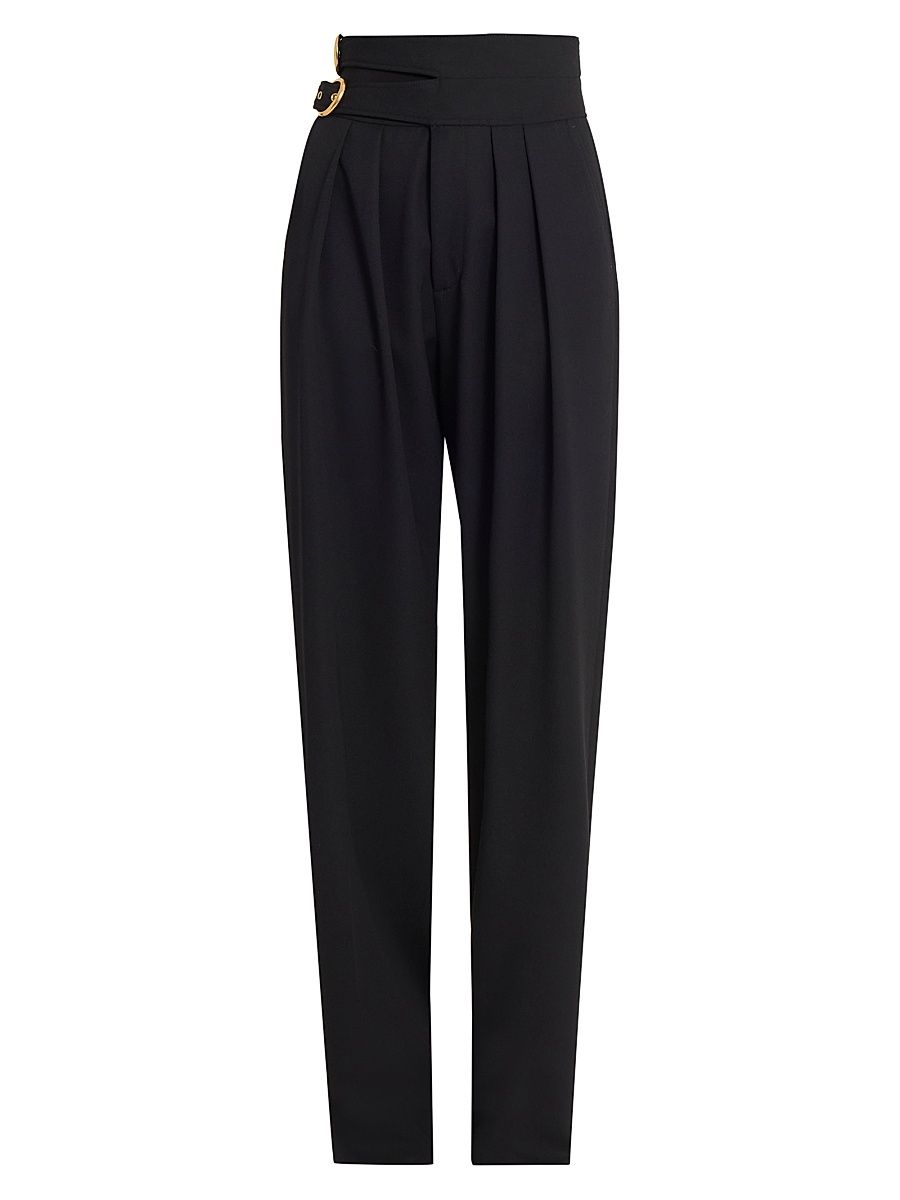 Women's Pleated Wool Wide-Leg Trousers - Black - Size 10