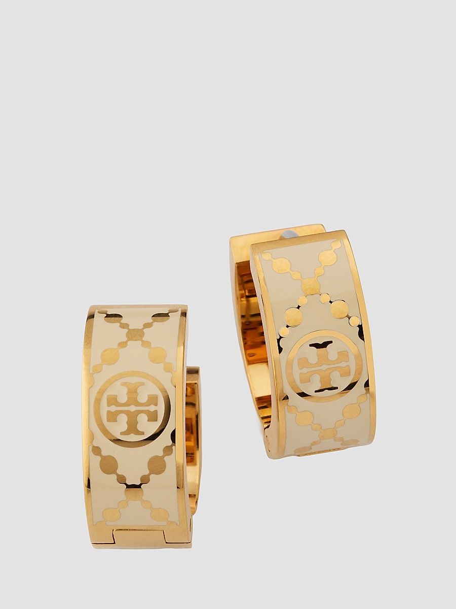 Women's Small Icon T Monogram Hoop Earrings - Gold Ivory