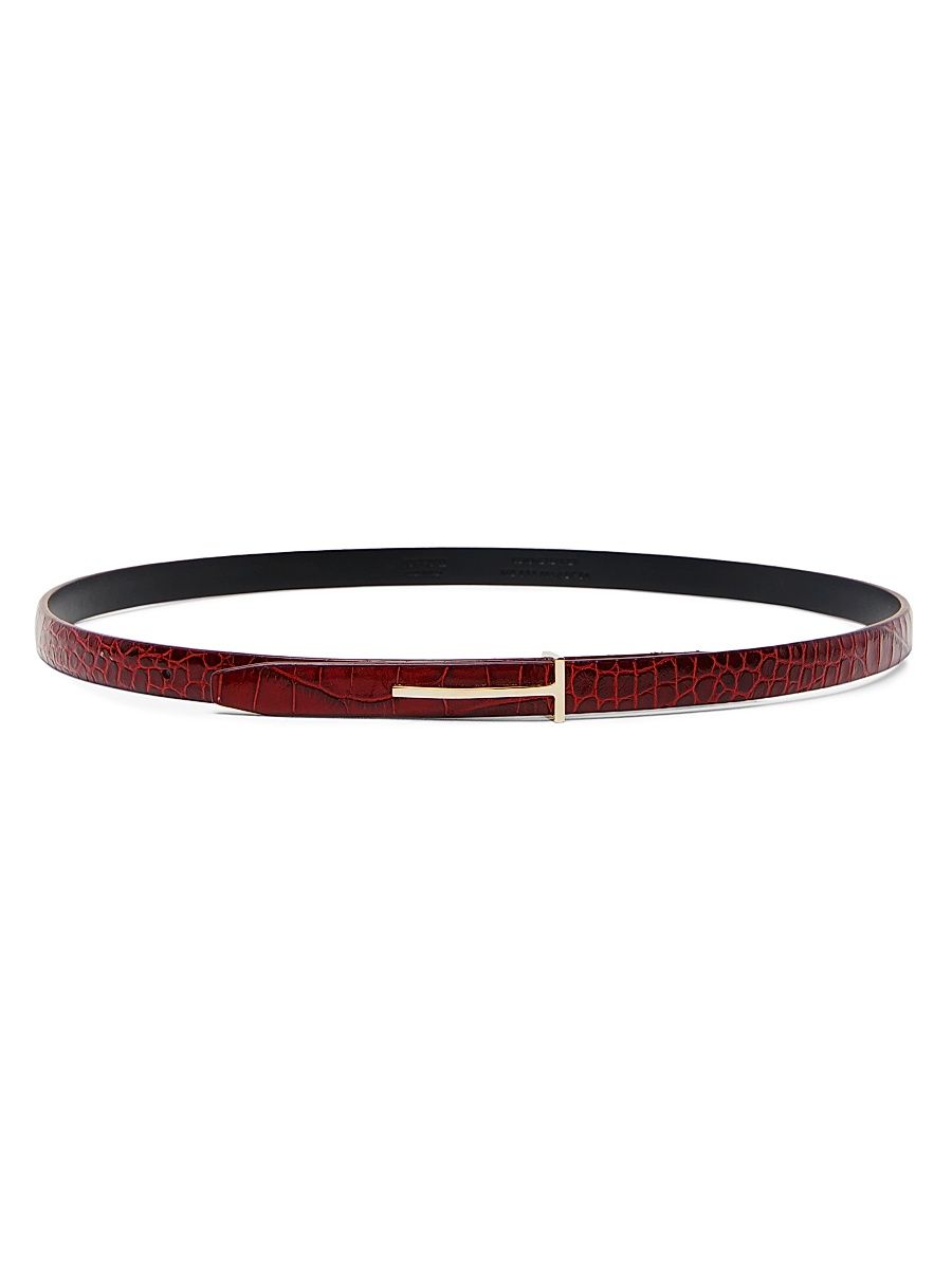 Women's Slim T Crocodile-Embossed Leather Belt - Ruby Red - Size Medium