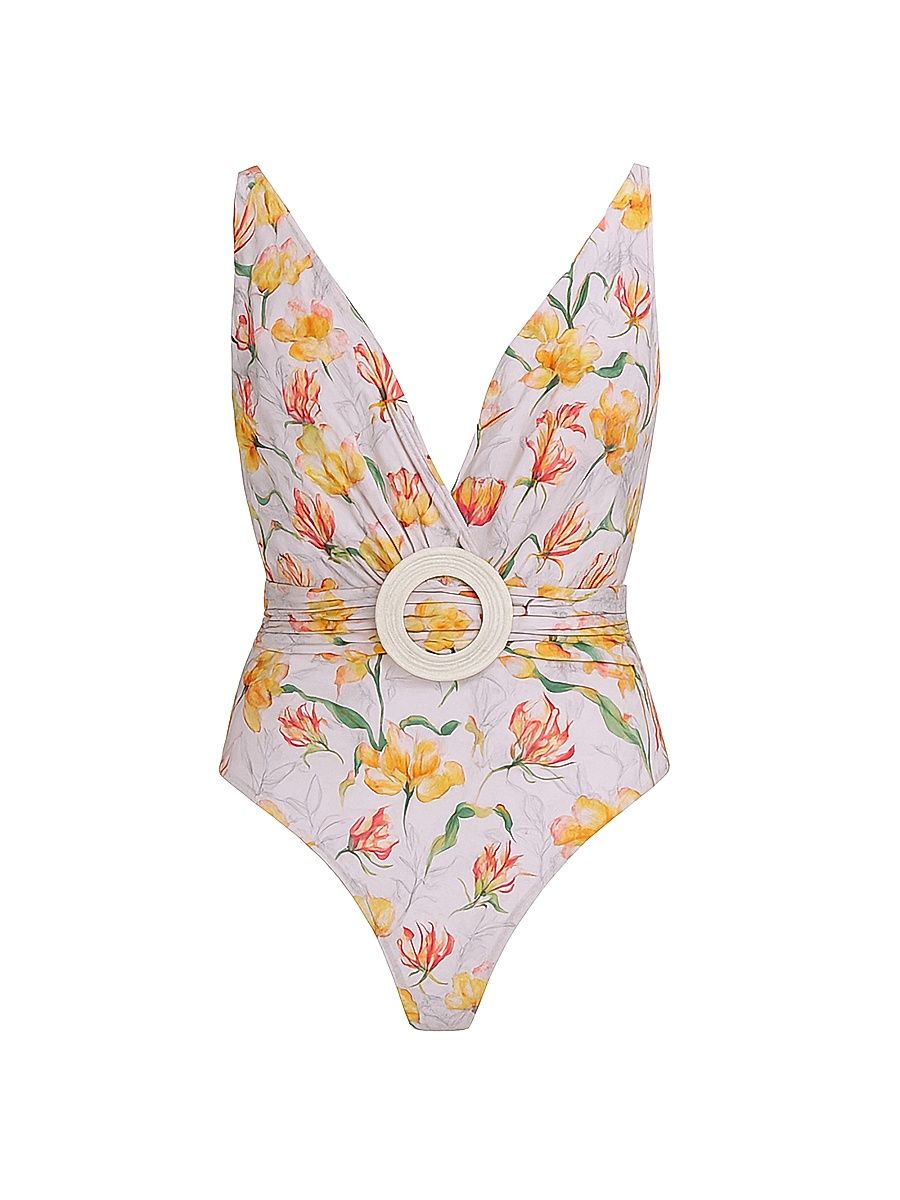 Women's Honey Flower Plunge One-Piece Swimsuit - Off White - Size XS