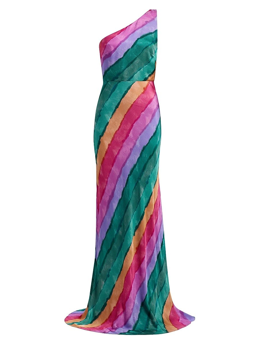 Women's Justine Striped One-Shoulder Maxi Dress - Rainbow Brushstroke Placement - Size 12