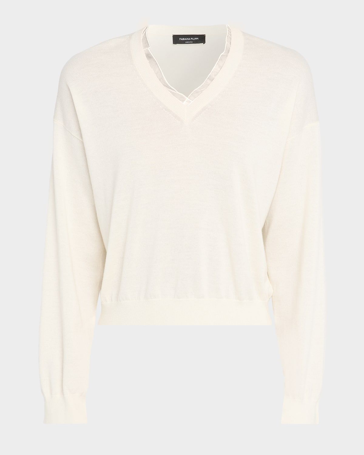 Tulle-Trim V-Neck Sweater