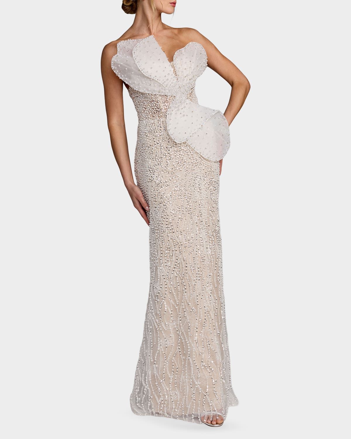 Sequined Organza Strapless Bow Detail Column Gown