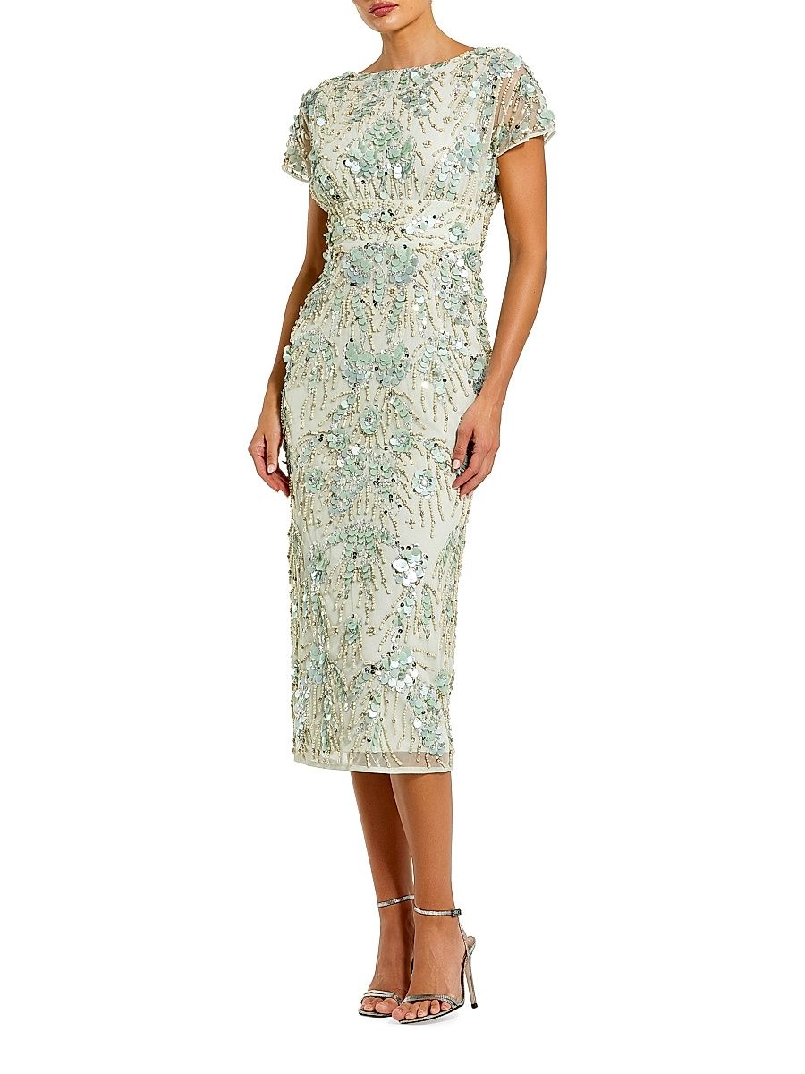 Women's Cocktail Embellished Mesh Cap-Sleeve Midi-Dress - Blush - Size 18