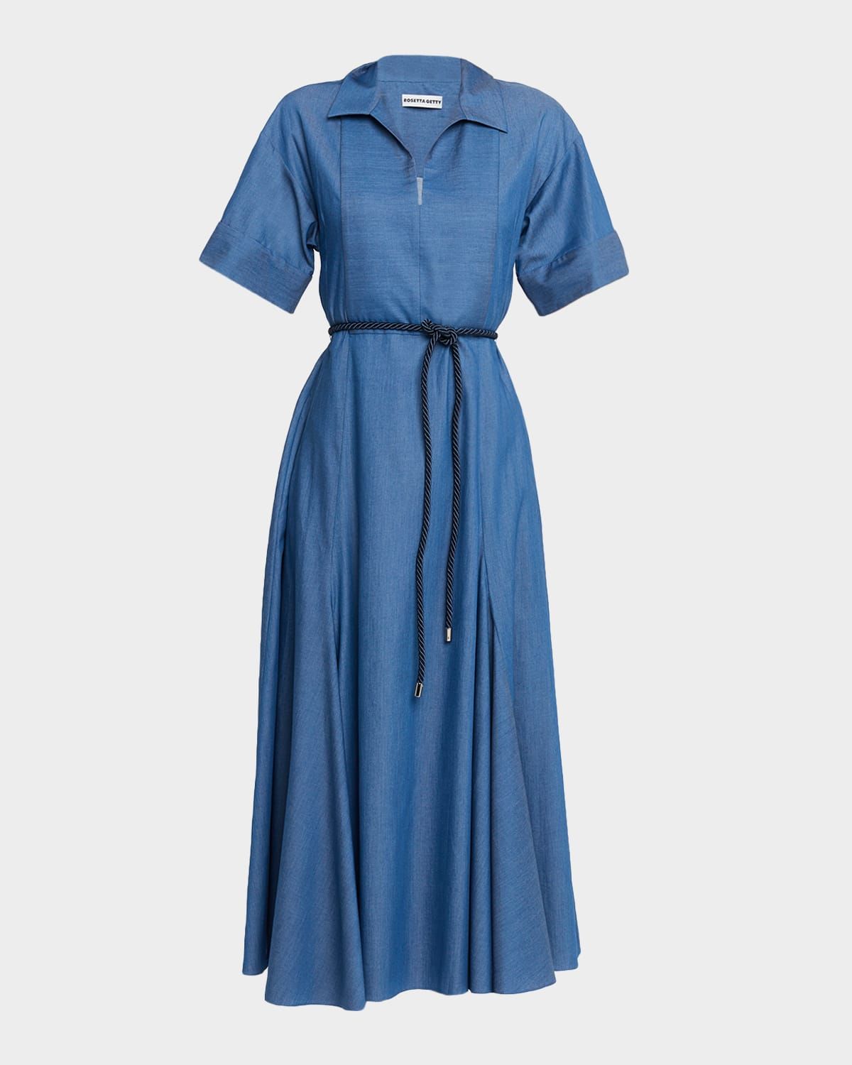 Slit-Collar Belted Midi Caftan Dress