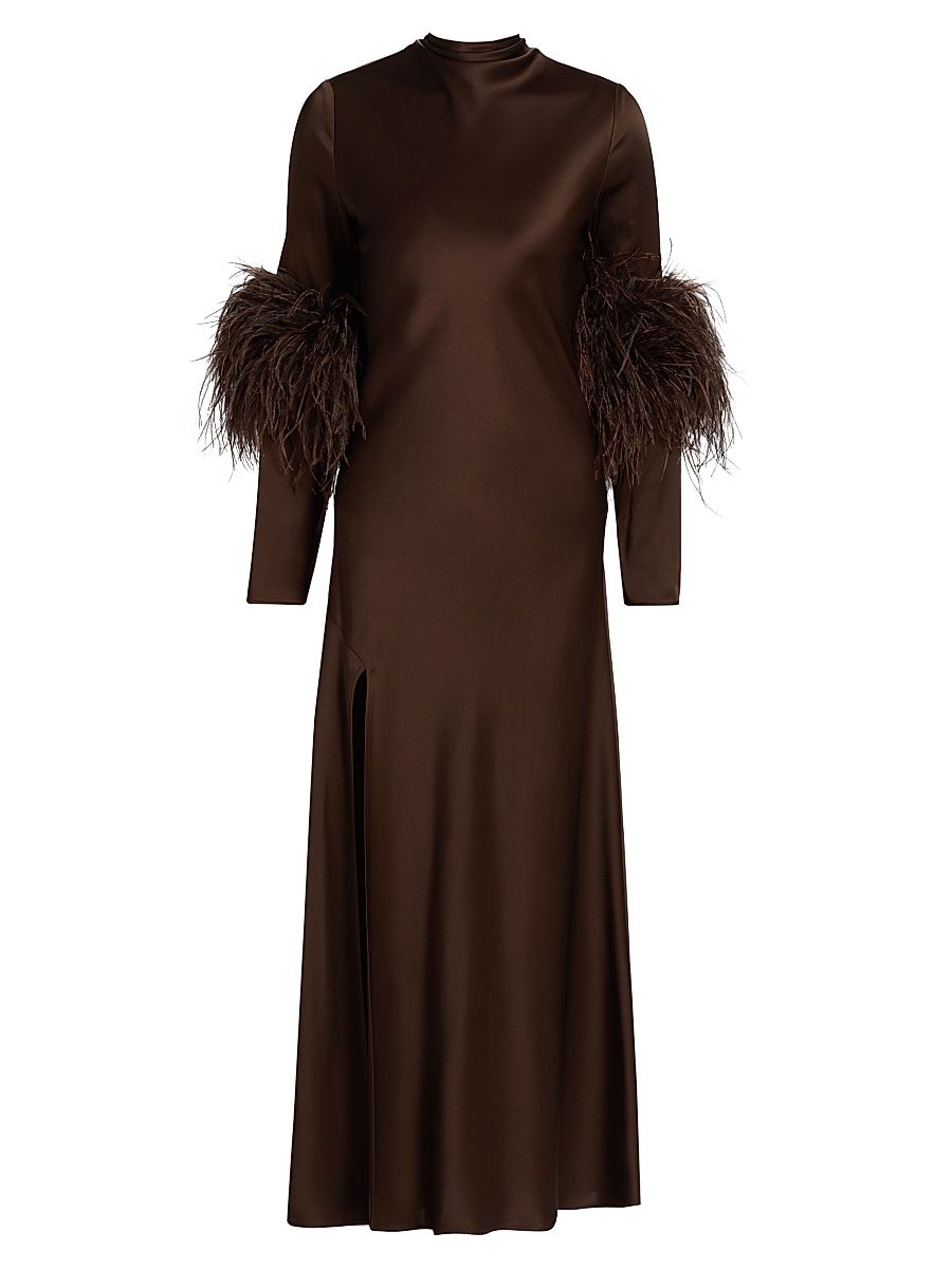 Women's Satin Feather-Cuff Draped Gown - Dark Brown - Size 10