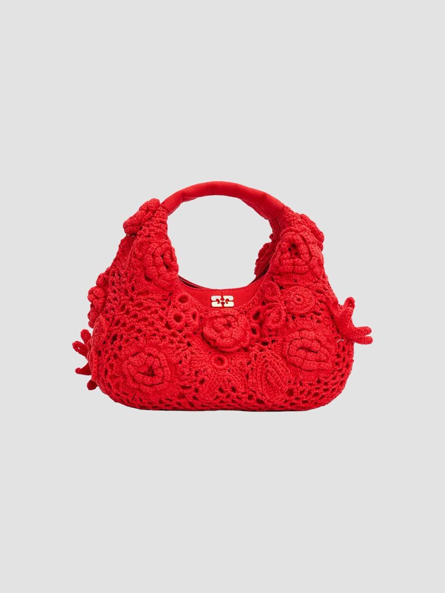 Ganni Women's Mini Crocheted Hobo Bag - Goji Berry