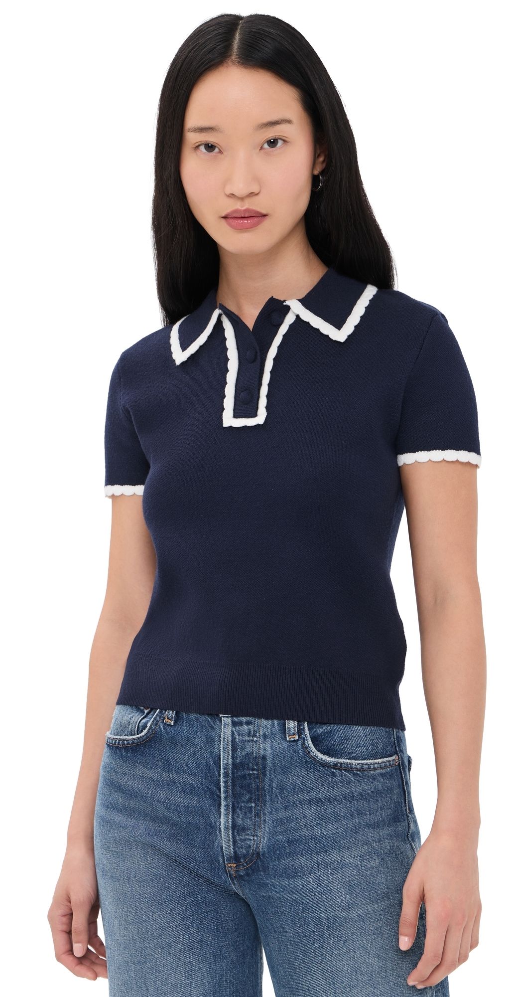 English Factory Scallop Detailed Short Sleeve Polo Navy/White M