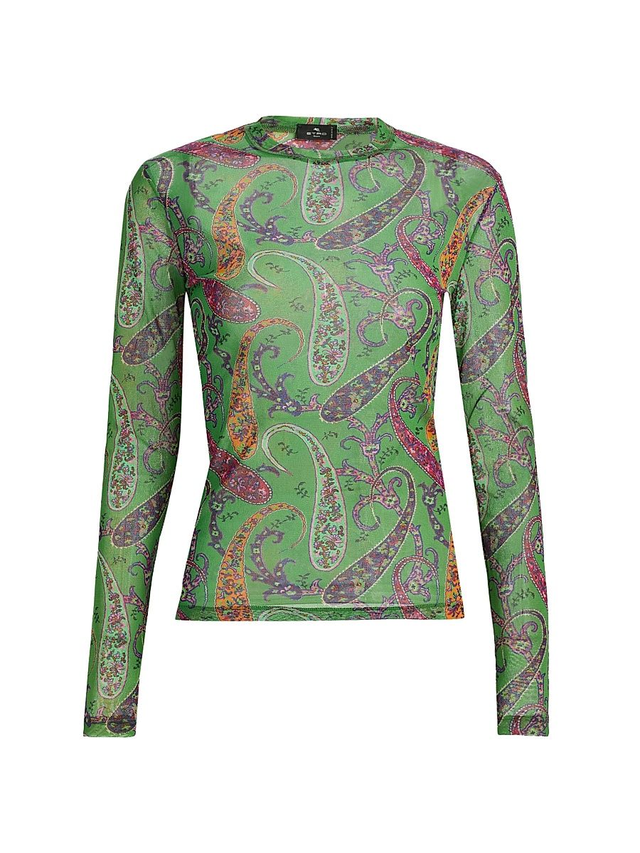 Women's Paisley Print Mesh Long-Sleeve Top - Stampa Verde - Size 14