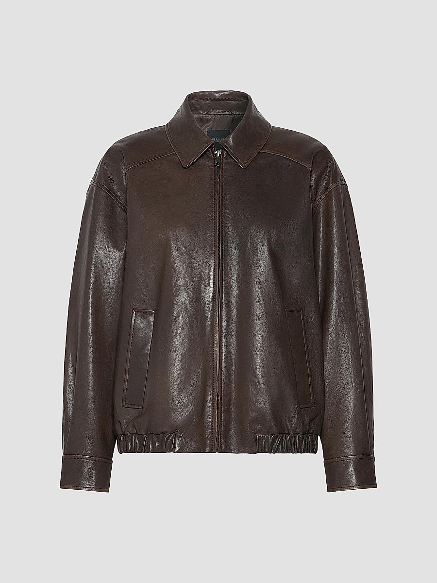 Women's Nappa Leather Bomber Jacket - Dark Bown - Size 0