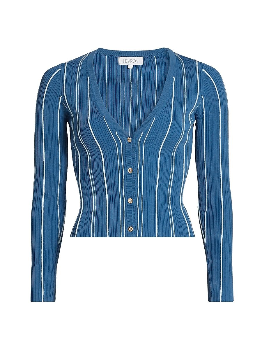 Women's Sapphire Stripe Pearl Cardigan - Sapphire Stripe - Size Large