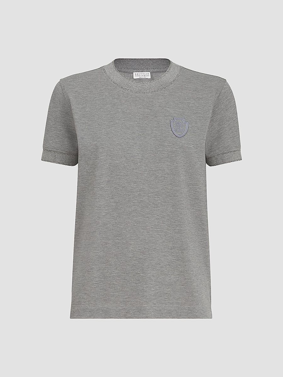 Women's Stretch Cotton Piqué T-Shirt with Sparkling Cotton Knit Inserts and Logo - Dark Grey - Size XS
