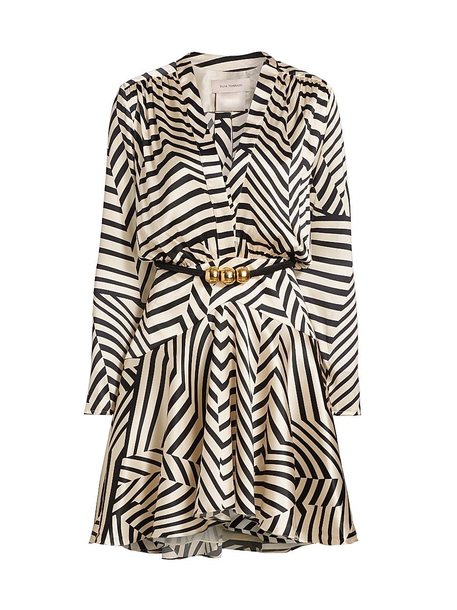 Women's Stripe Stretch-Silk Minidress - Beige Black Stripes - Size Large