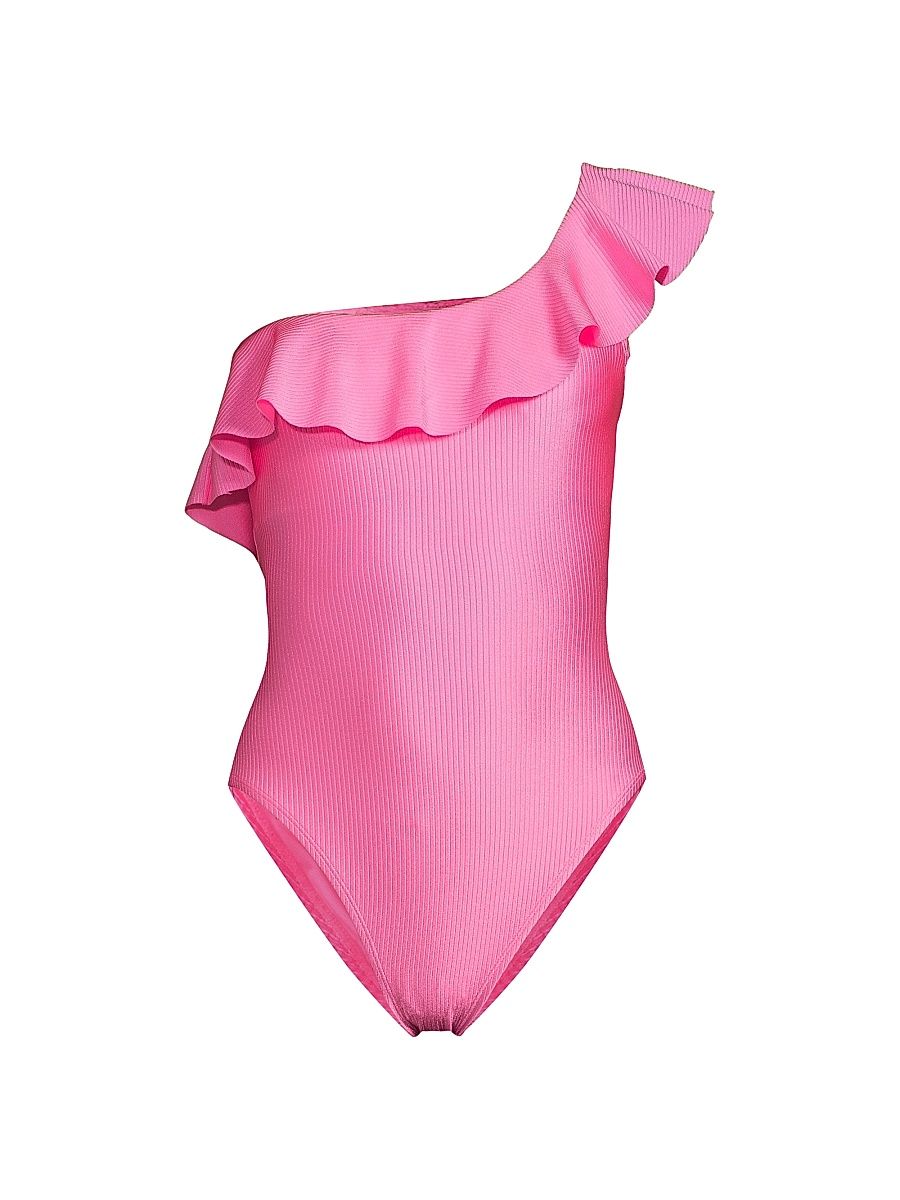 Women's Ruffled One-Shoulder One-Piece Swimsuit - Rousseau Pink - Size 10
