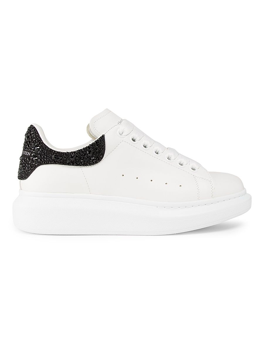 Women's Embellished Leather Low-Top Sneakers - White Black - Size 10.5