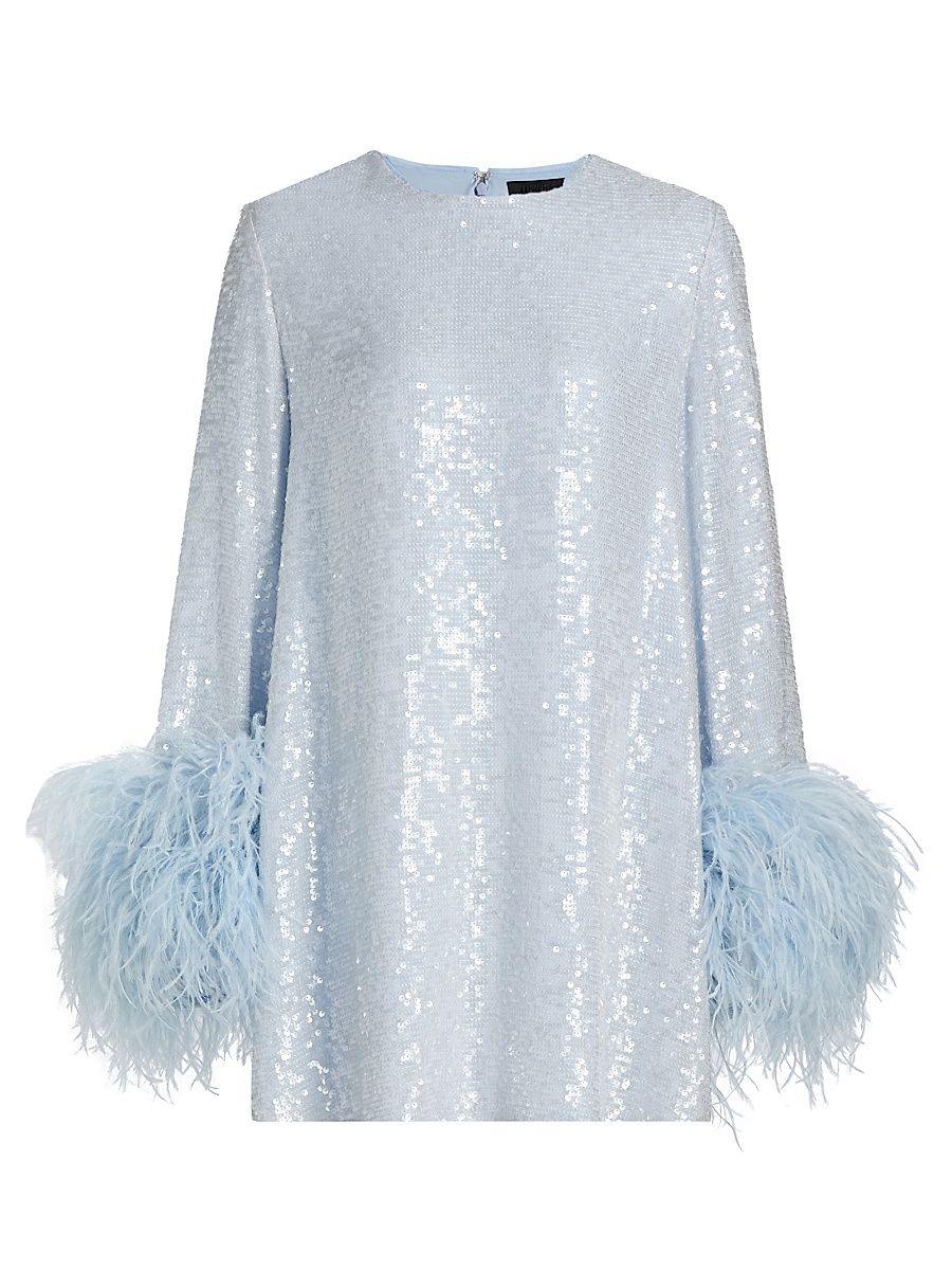 Women's Sequined Feather-Cuff Shift Minidress - Cloud - Size Large