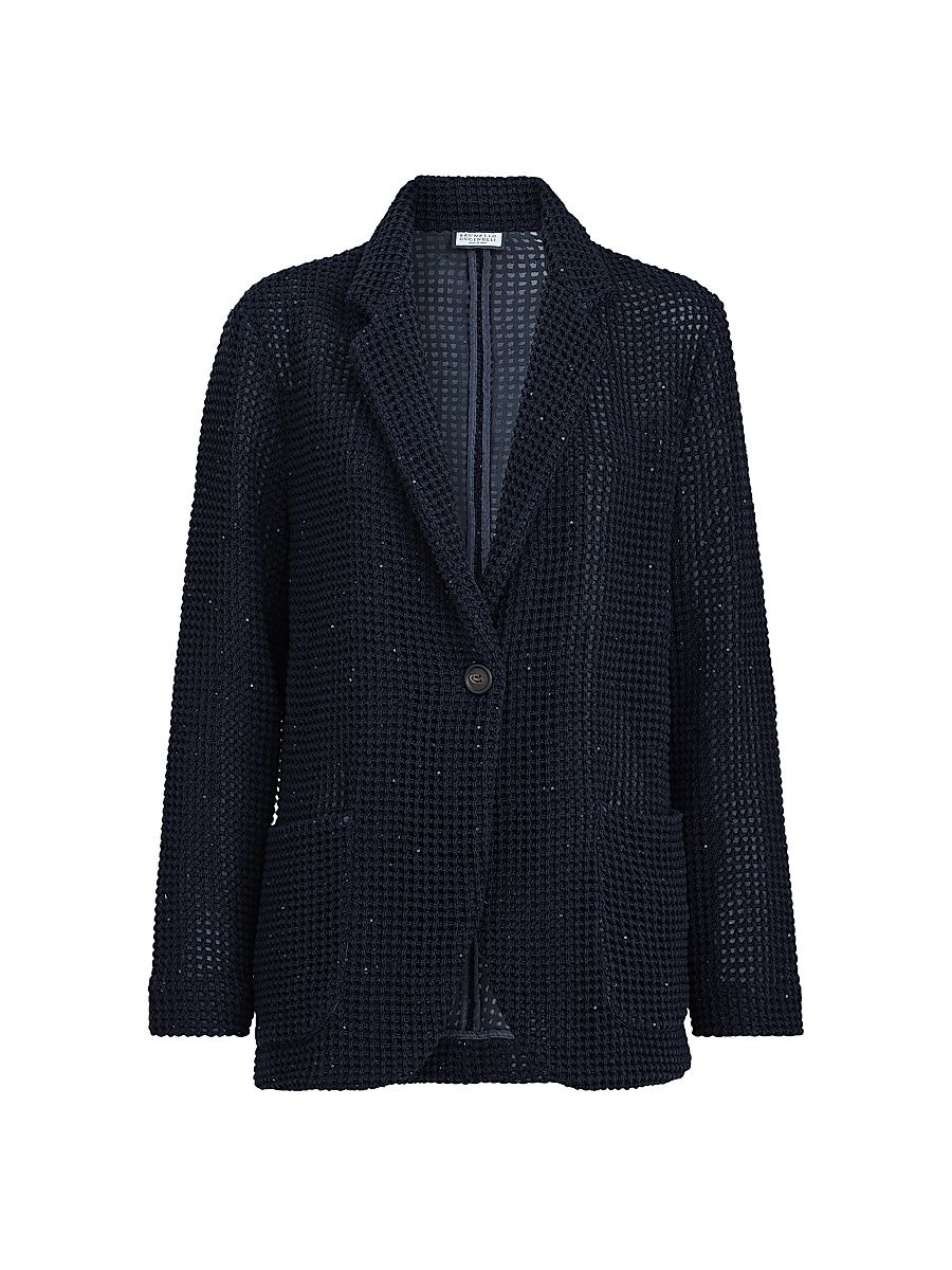 Women's Cotton Diamond Yarn Net Knit Blazer - Blue - Size XXL