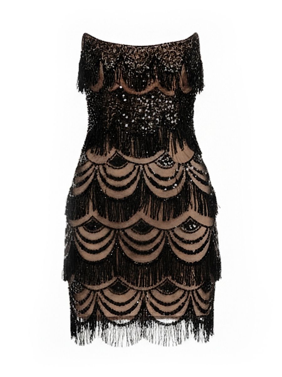 Women's Alva Beaded Strapless Minidress - Black Beige - Size XXL