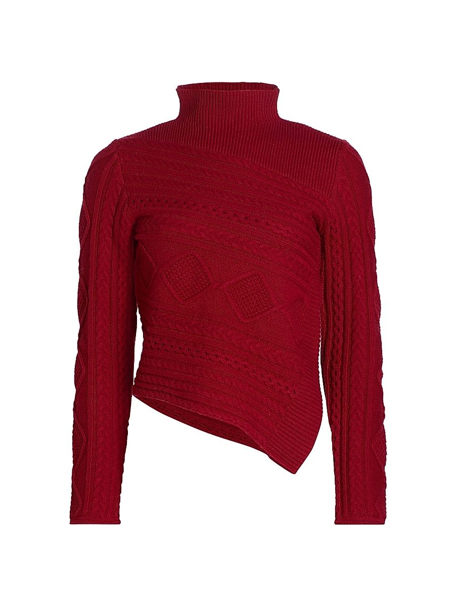 Women's Sidney Mixed Cable-Knit Asymmetric Turtleneck Sweater - Rouge - Size XL