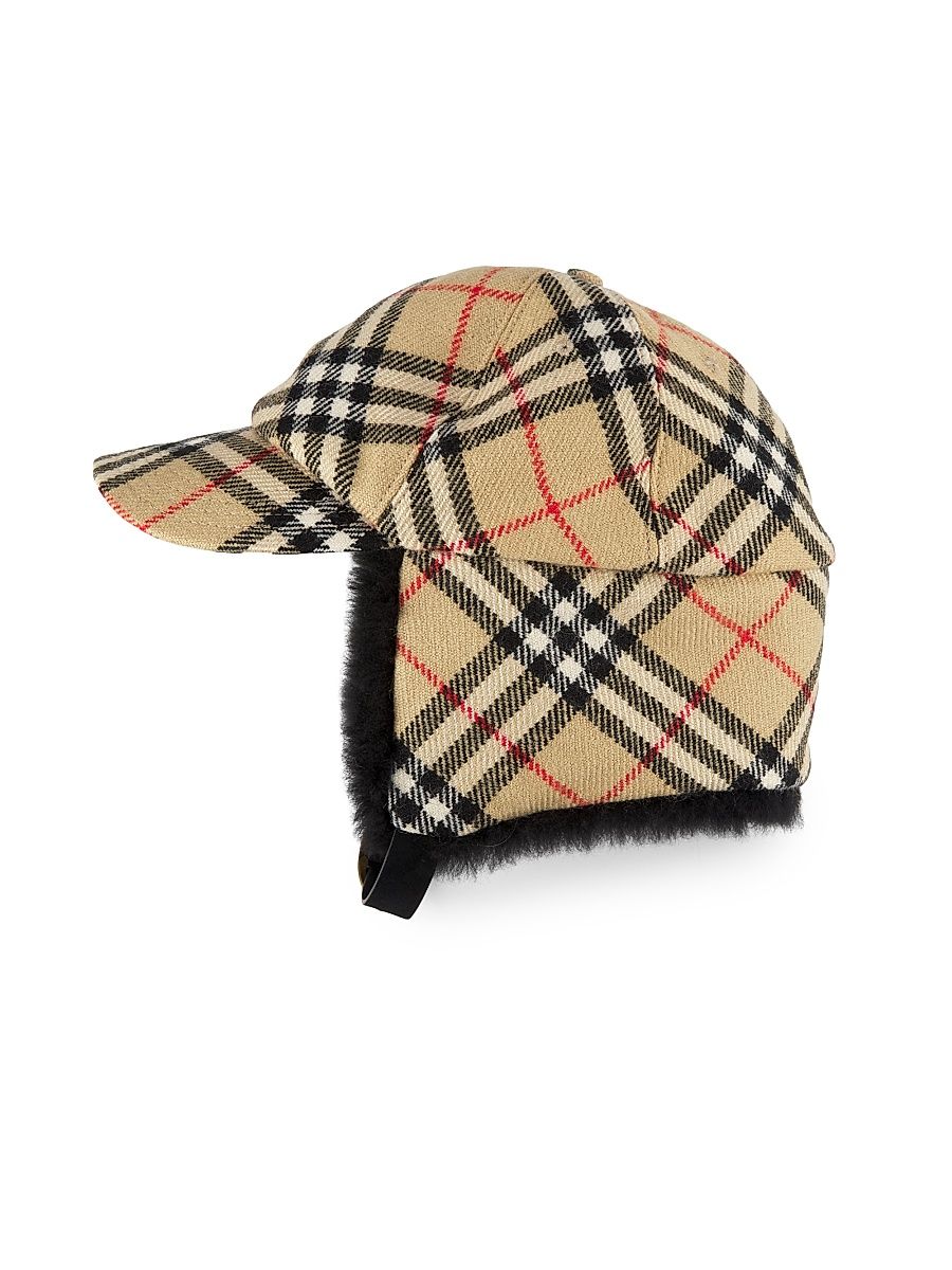 Men's Shearling-Trimmed Check Wool Trapper Hat - Sand Ip Check - Size Large