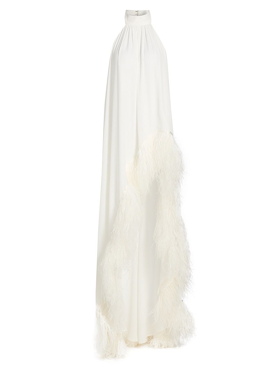 Women's Madeline Feather-Trim Halterneck Gown - White - Size Medium